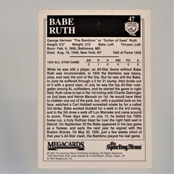 #47 BABE RUTH HOF 1936 Yankees Conlon Collection 1995 Megacards Sporting News - Picture 2 of 2